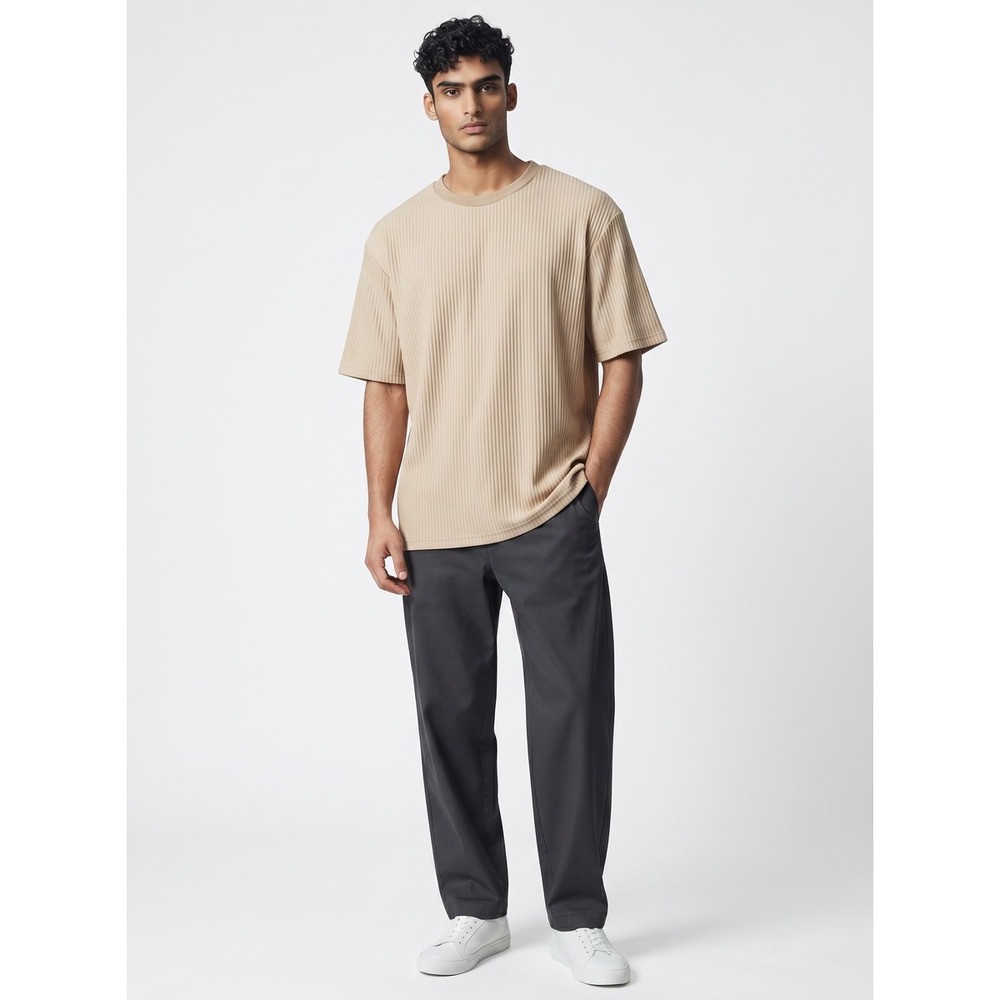 boohooMAN Mens Sand Beige Vertical Pleated Rib Short Sleeve Crew Neck Tee Size M
